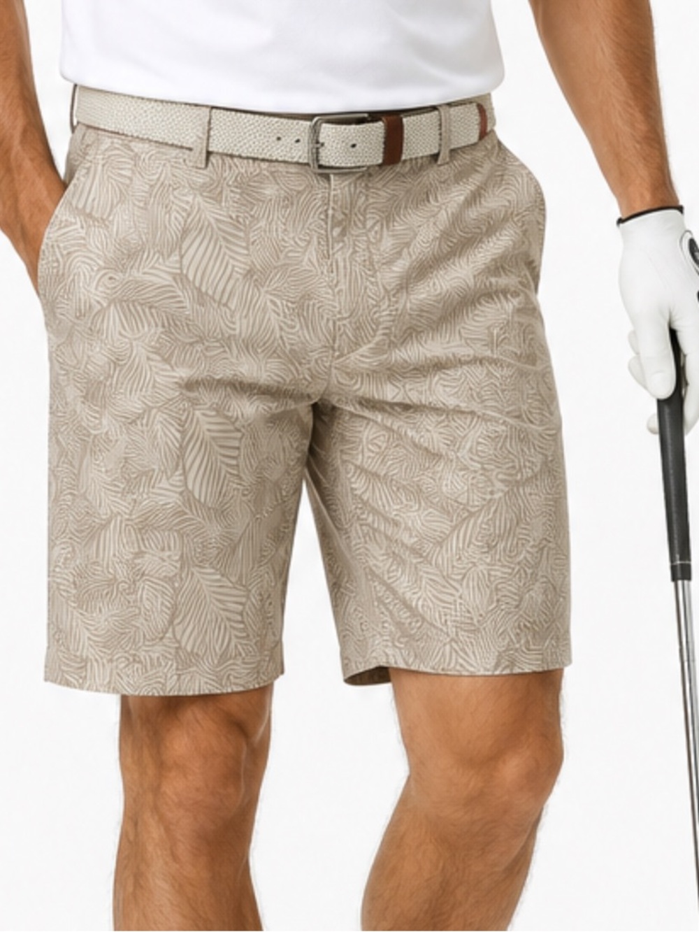 Walter Hagen Men's Perfect 11 Leaves Print Light Khaki Golf Shorts Size 34